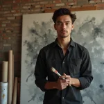 Portrait d'un jeune artiste masculin tenant un pinceau devant une grande toile abstraite dans un atelier urbain aux murs de briques apparentes
