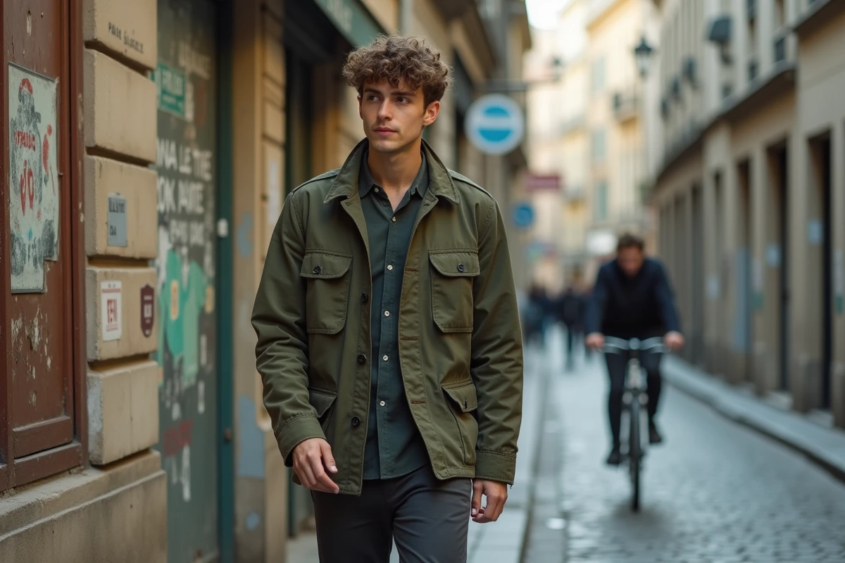 Portrait extérieur d'un artiste émergent dans une rue pavée parisienne avec des façades en pierre et des affiches peintes en arrière-plan