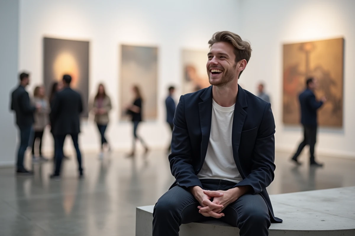 Jeune artiste souriant assis dans une galerie d'art contemporaine lors d'un vernissage, entouré d'œuvres accrochées aux murs blancs