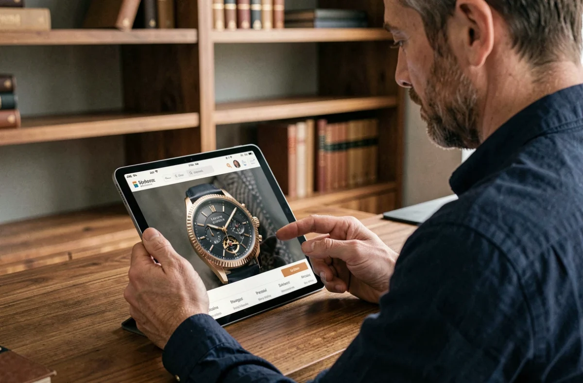 Homme parcourant des montres de luxe suisses sur une tablette lors d'un achat de bijoux en ligne