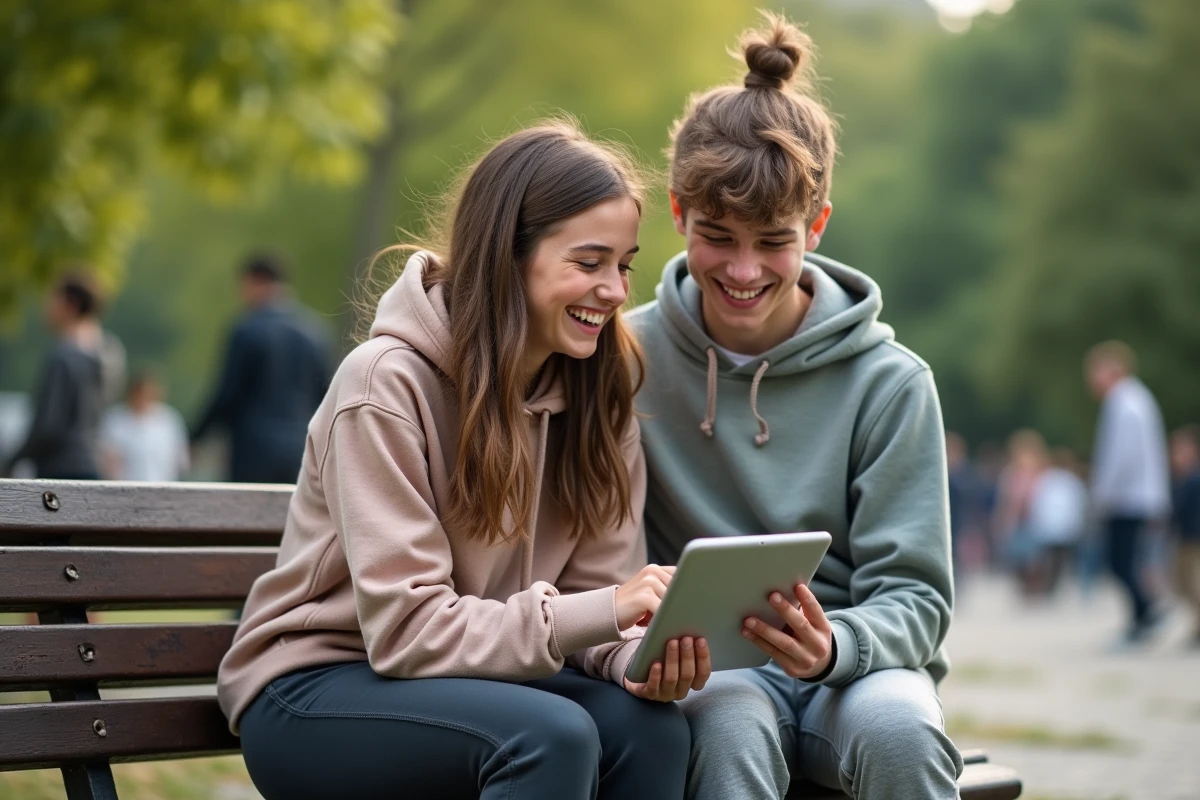 Deux adolescents riant en regardant une tablette dans un parc