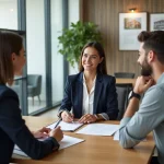 Agente immobilière présentant des documents à un couple dans une agence immobilière moderne