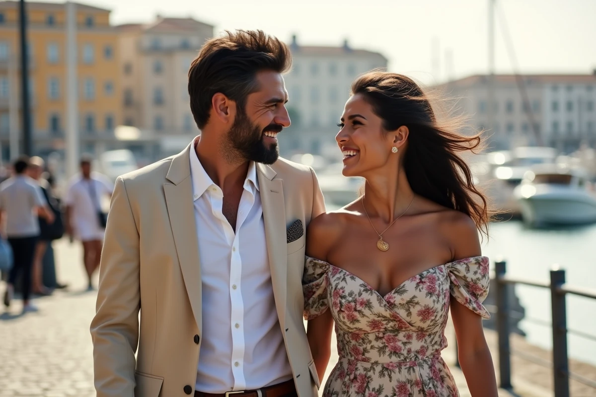 Couple élégant se promenant sur une promenade en bord de mer à Marseille, souriant dans une atmosphère romantique et authentique
