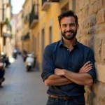 Portrait d'un artiste homme souriant en tenue décontractée devant un mur de pierre dans un quartier urbain du sud de la France