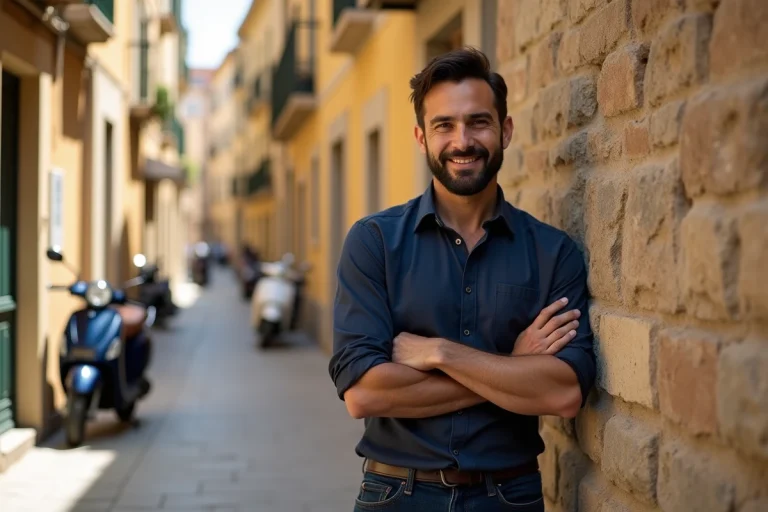 Portrait d'un artiste homme souriant en tenue décontractée devant un mur de pierre dans un quartier urbain du sud de la France