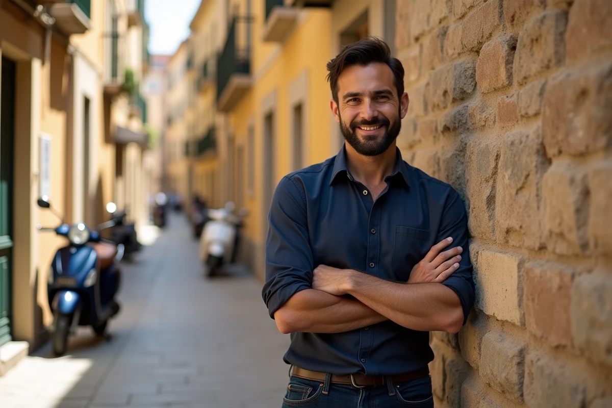 Portrait d'un artiste homme souriant en tenue décontractée devant un mur de pierre dans un quartier urbain du sud de la France
