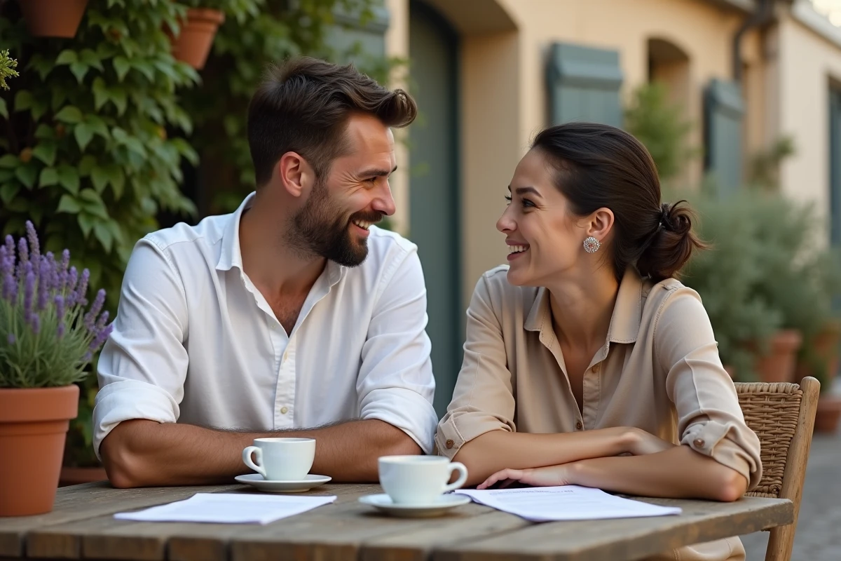Couple détendu partageant un moment complice autour d'un café en terrasse dans une cour provençale authentique