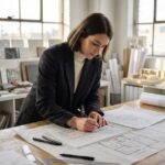 Femme en blazer esquissant des plans dans un studio lumineux
