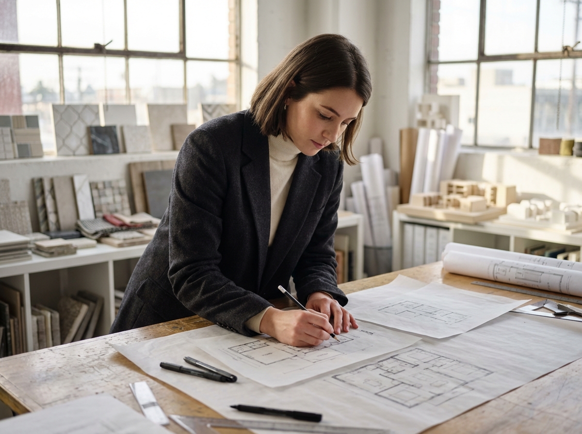 Femme en blazer esquissant des plans dans un studio lumineux
