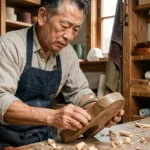 Artisan japonais inspectant une sandale geta en bois dans un atelier traditionnel de Kyoto