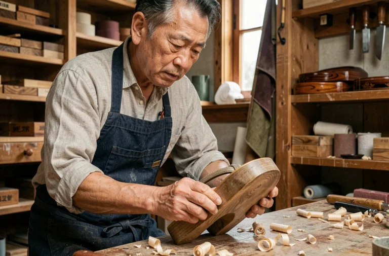 Artisan japonais inspectant une sandale geta en bois dans un atelier traditionnel de Kyoto