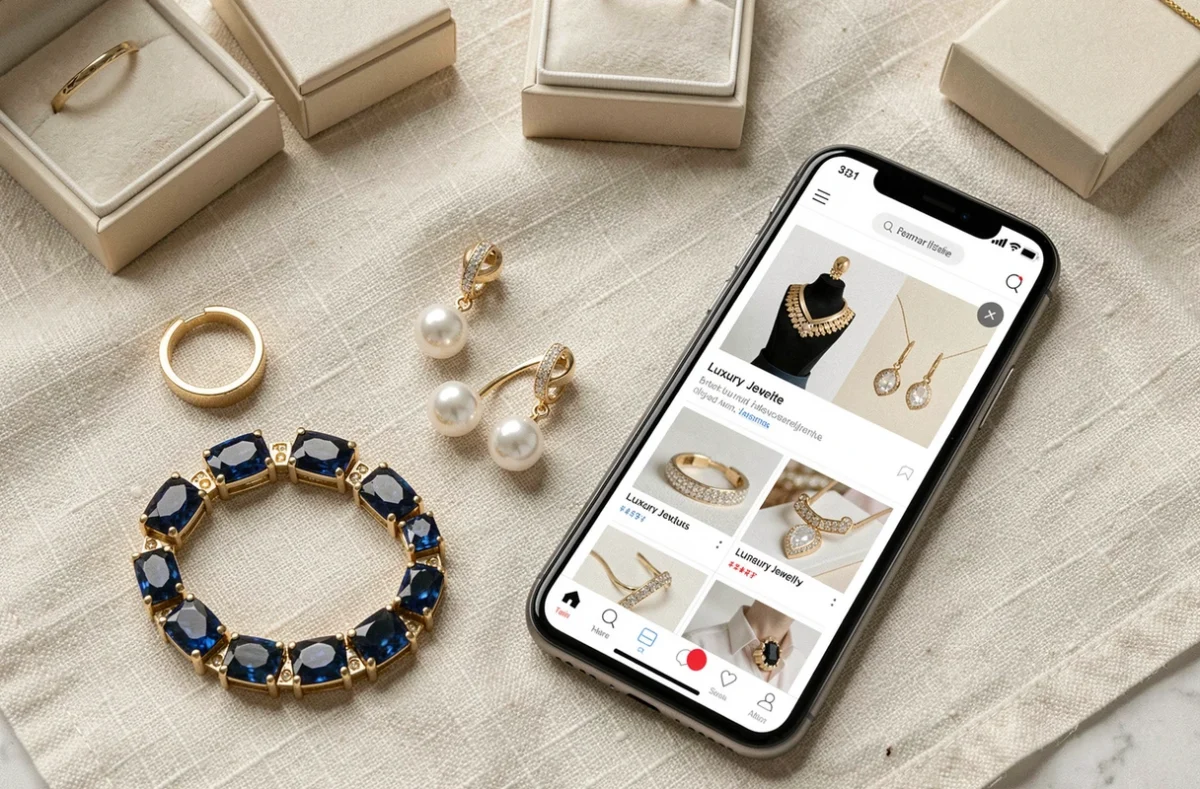 Assortiment de bijoux de luxe dorés et saphirs avec smartphone affichant une boutique en ligne
