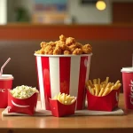 Bucket KFC partagé pour deux personnes avec poulet frit, frites et boissons sur une table en bois