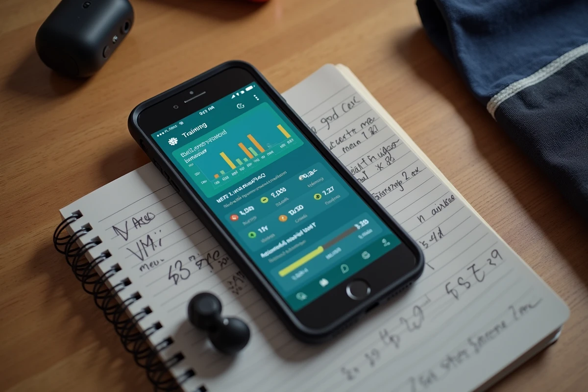 Vue aérienne d'un bureau avec smartphone affichant le tableau de bord Strava gratuit et notes d'entraînement