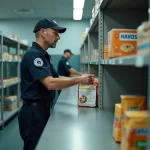 Gardien de prison derrière le comptoir de la cantine pénitentiaire avec produits alimentaires et d'hygiène sur des étagères métalliques