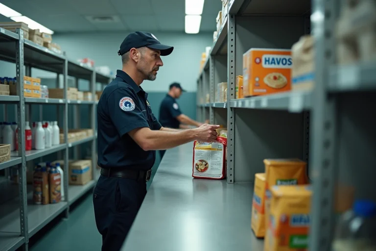 Gardien de prison derrière le comptoir de la cantine pénitentiaire avec produits alimentaires et d'hygiène sur des étagères métalliques