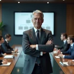 Cadre senior imposant ses décisions à une équipe silencieuse dans une salle de réunion corporate, illustrant la centralisation du pouvoir en entreprise