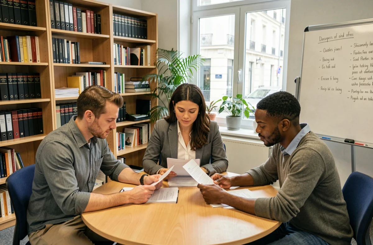 Groupe de citoyens étudiant leurs droits et libertés fondamentales dans un bureau d'aide juridique associatif en France