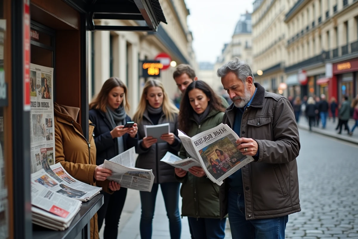Citoyens français lisant les journaux et l'actualité devant un kiosque à journaux parisien