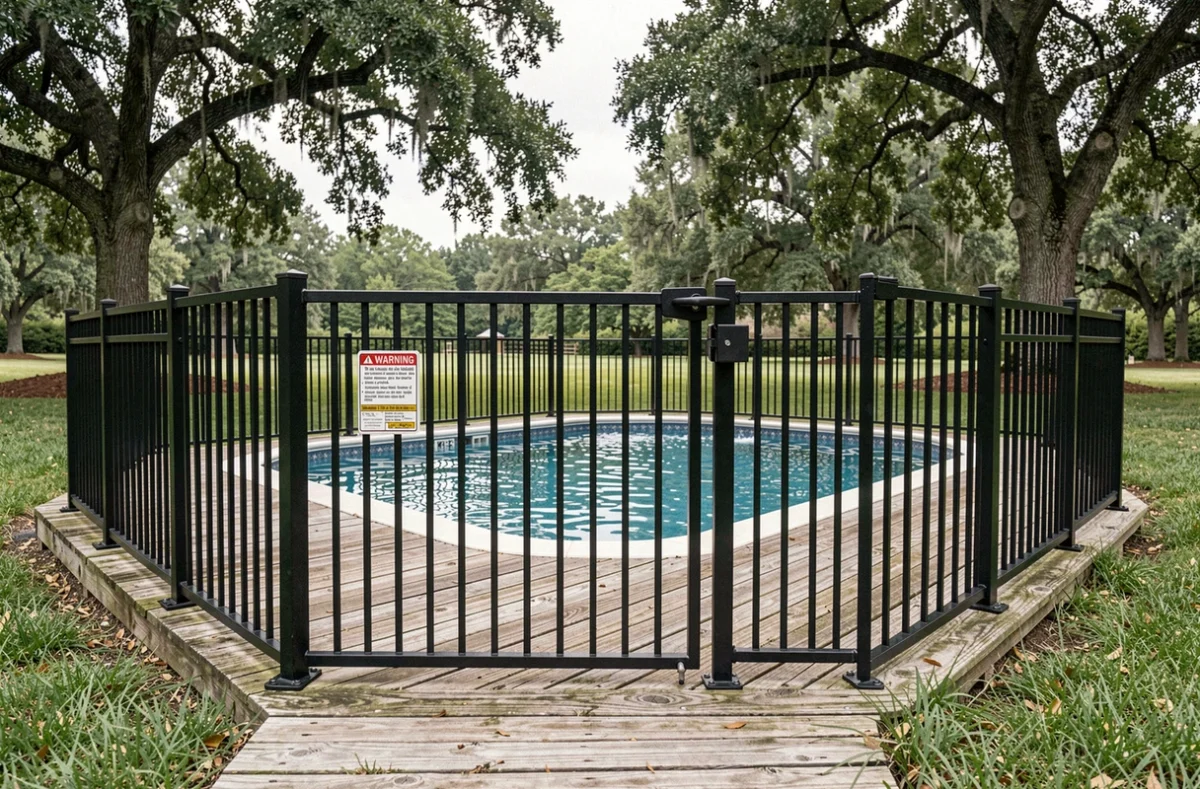 Clôture de piscine en acier noir avec portillon auto-fermant conforme aux normes de sécurité et hauteur minimale réglementaire 2024