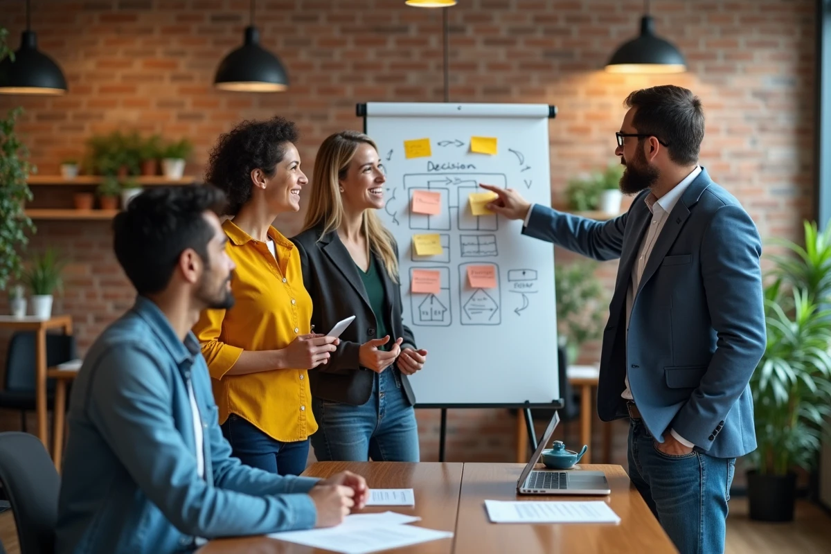 Équipe diverse et engagée collaborant activement autour d'un tableau blanc dans un espace de travail moderne, illustrant une alternative à la gestion centralisée en entreprise