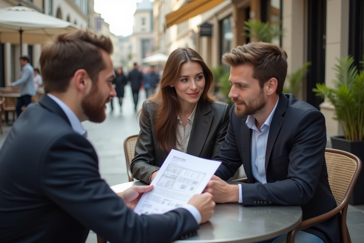 Consultant immobilier montrant des documents à un couple en extérieur