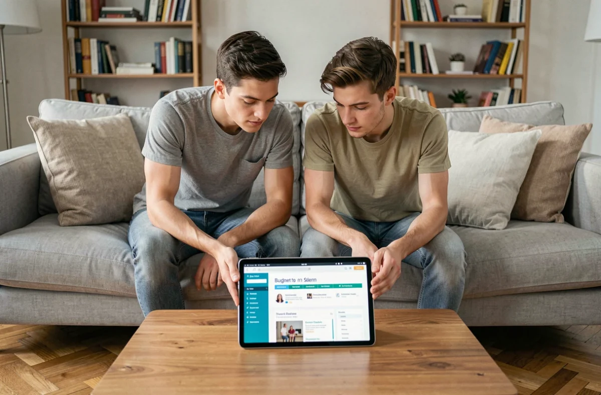 Couple de jeunes adultes consultant un site de gestion budgétaire sur une tablette dans leur salon