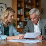 Couple en train de revoir des documents immobiliers dans un appartement moderne