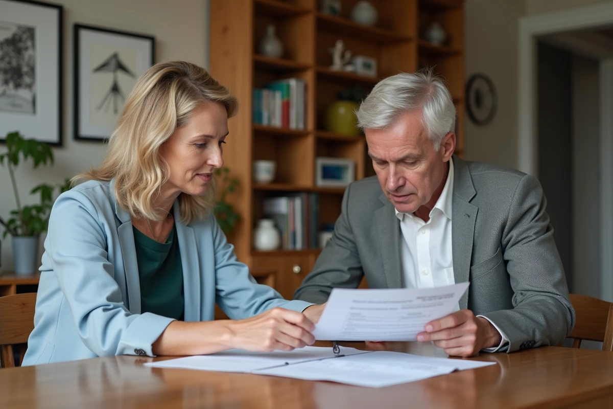 Couple en train de revoir des documents immobiliers dans un appartement moderne