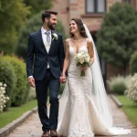 Jeune couple en mariage dans un jardin romantique