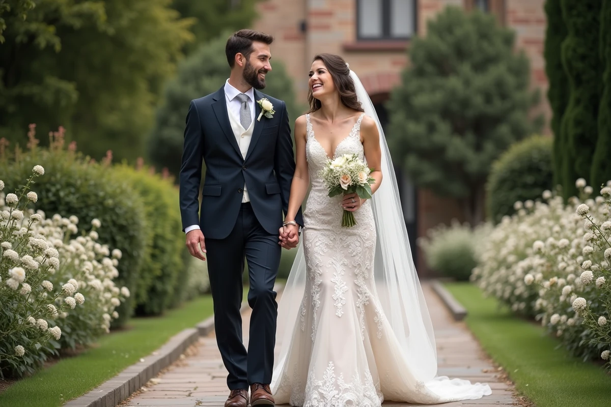 Jeune couple en mariage dans un jardin romantique