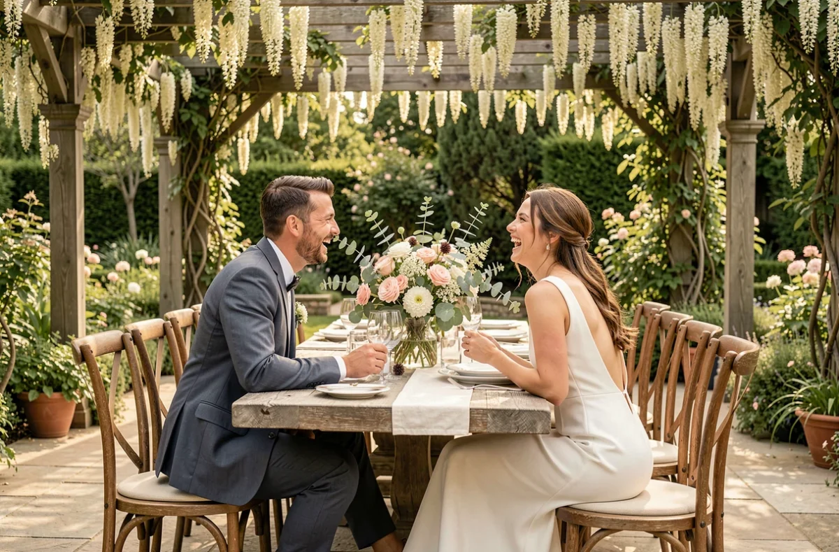 Couple de mariés riant à une table de réception de mariage en plein air décorée de fleurs sauvages et de lin, ambiance champêtre moderne