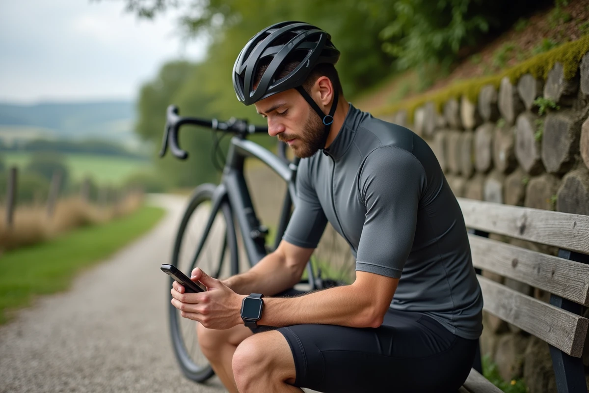 Cycliste consultant ses statistiques Strava sur une montre connectée après une sortie vélo