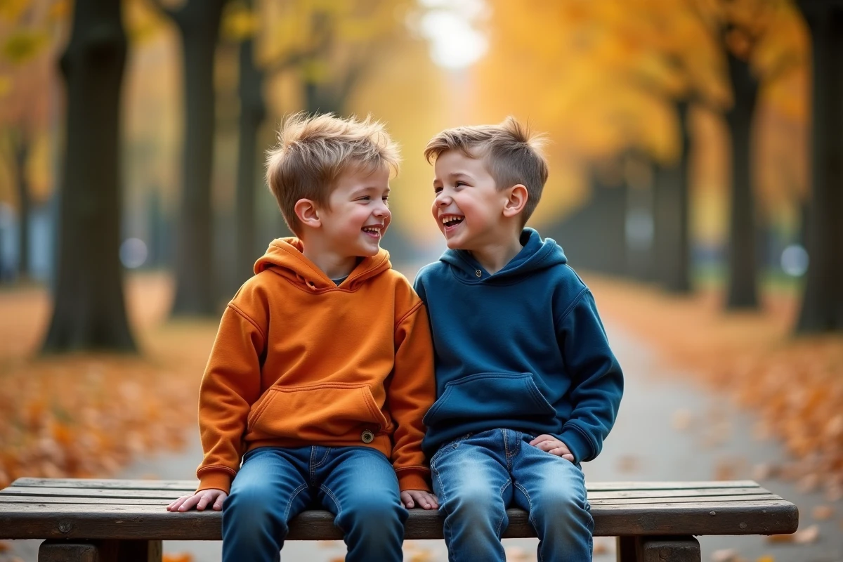 Deux jeunes frères assis sur un banc de parc en automne, souriant ensemble dans un moment de complicité fraternelle
