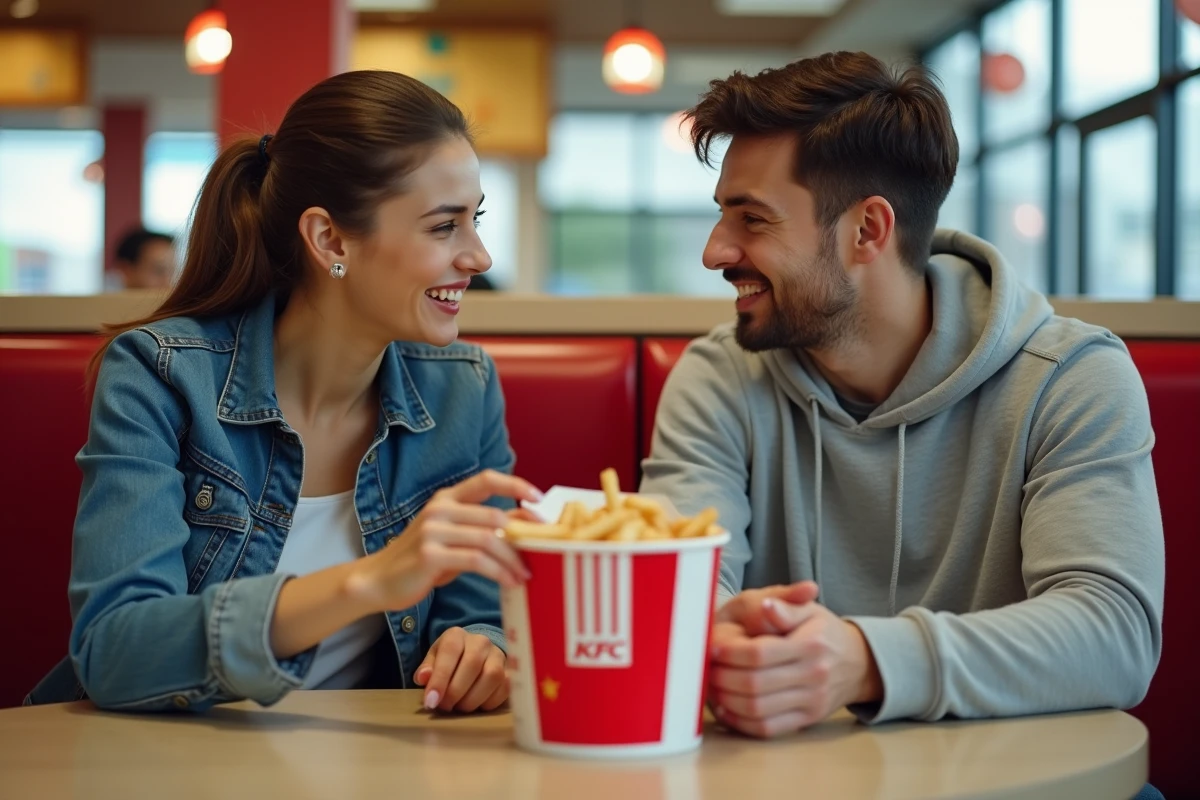 Deux amis partageant un bucket KFC ensemble dans un restaurant fast-food