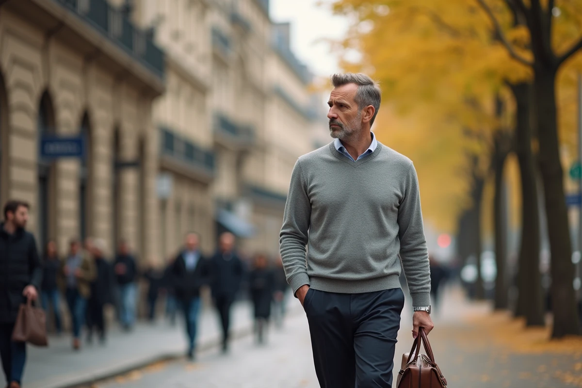 Homme d'affaires marchant sur un boulevard parisien en automne, évoquant le quotidien et la vie personnelle d'un cadre dirigeant français