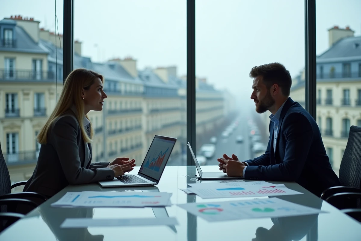Deux économistes en réunion professionnelle à Paris avec graphiques financiers et vue urbaine