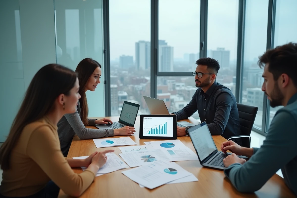 Équipe marketing collaborant autour d'une table de réunion avec des rapports d'analyse et des données numériques