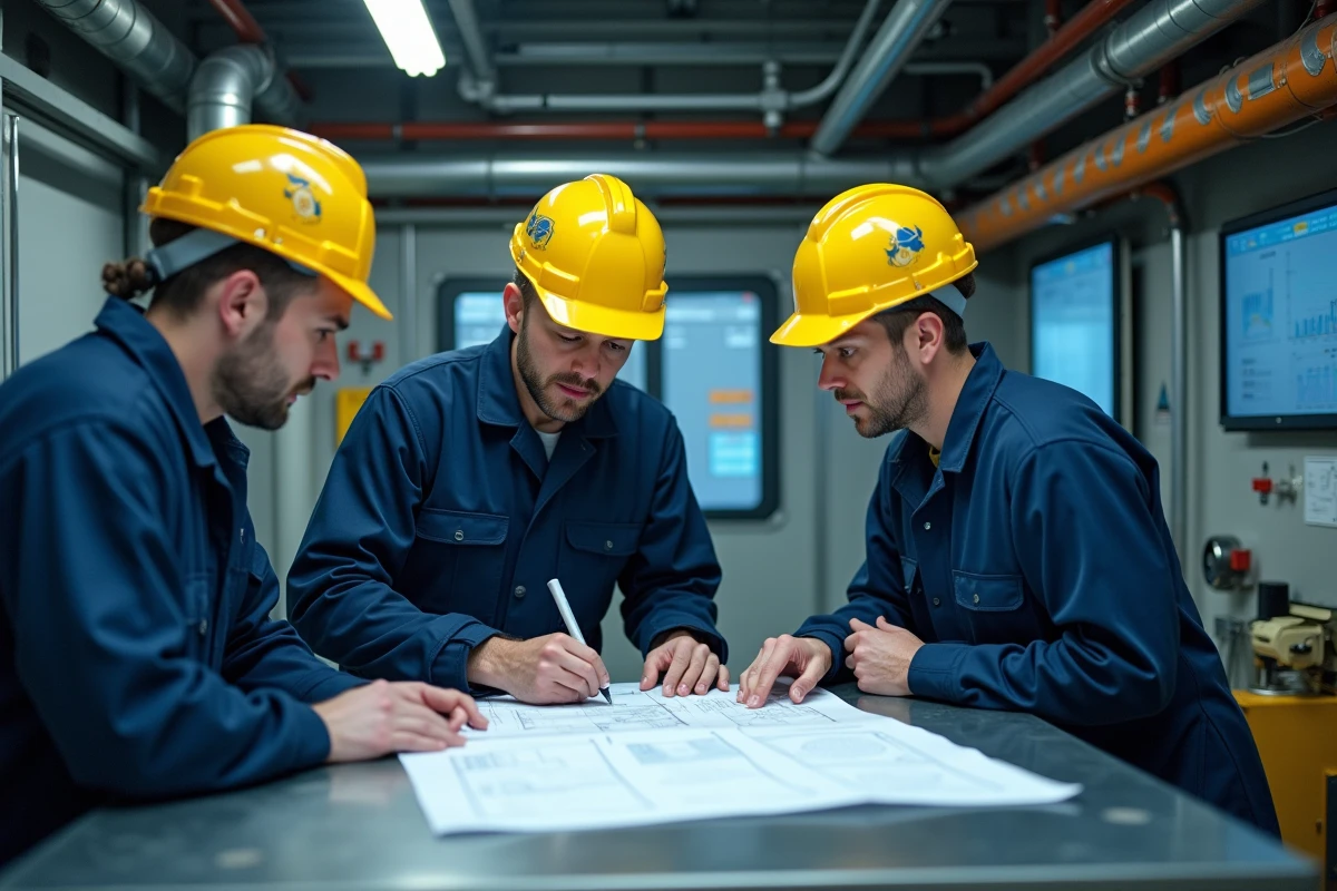 Équipe de travailleurs offshore en salle de contrôle analysant des plans opérationnels sur une plateforme pétrolière