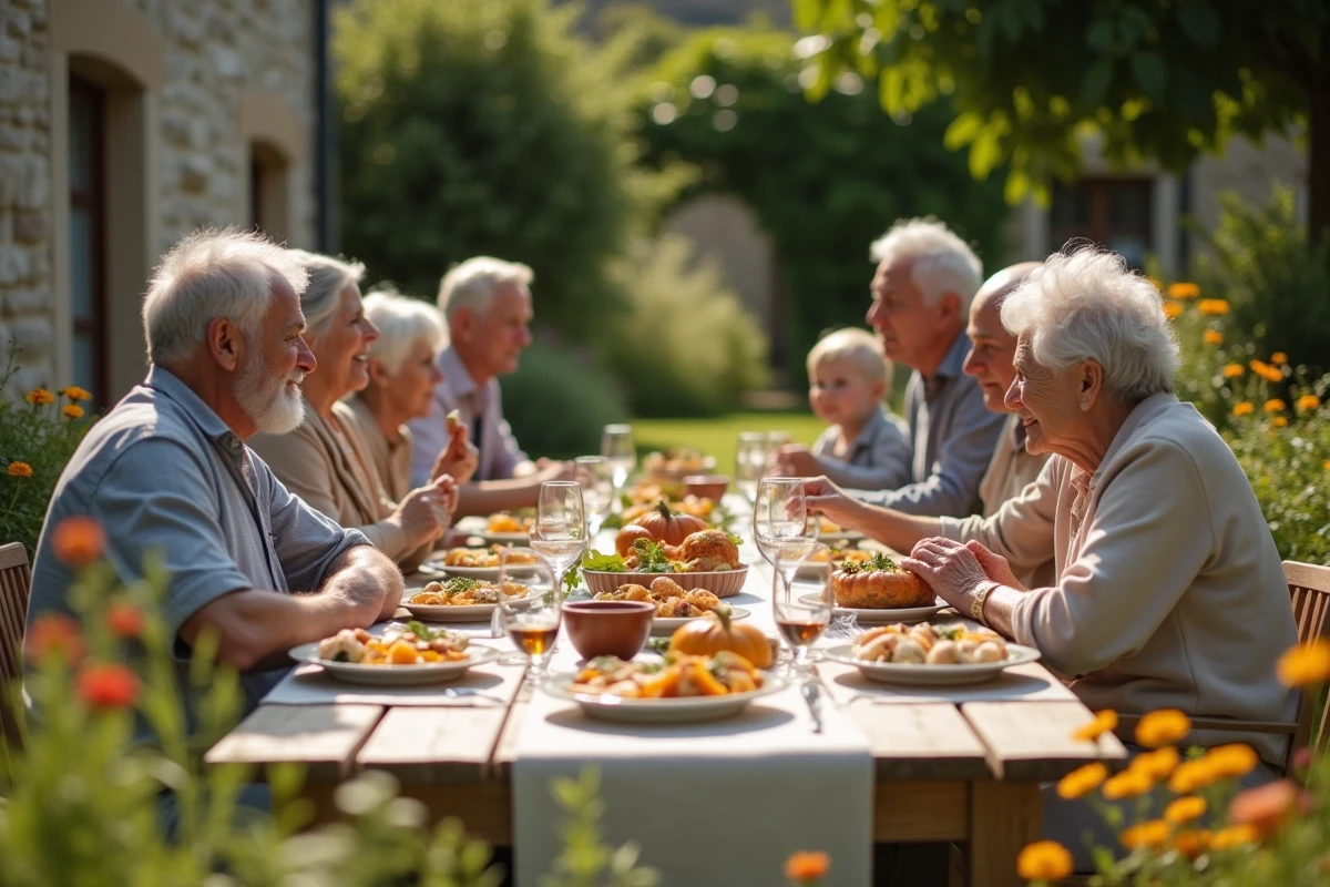 Réunion de famille multigénérationnelle dans un jardin de campagne française, symbolisant les origines familiales et la vie privée d'un grand dirigeant
