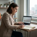 Femme d'affaires en bureau moderne analysant des graphiques financiers