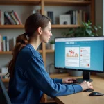 Jeune femme au bureau regardant l'écran du site Labo Linux