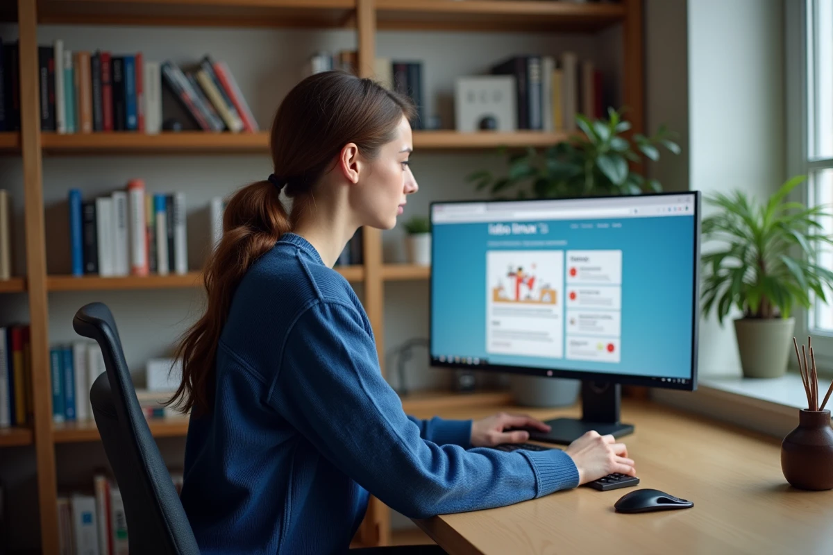 Jeune femme au bureau regardant l'écran du site Labo Linux