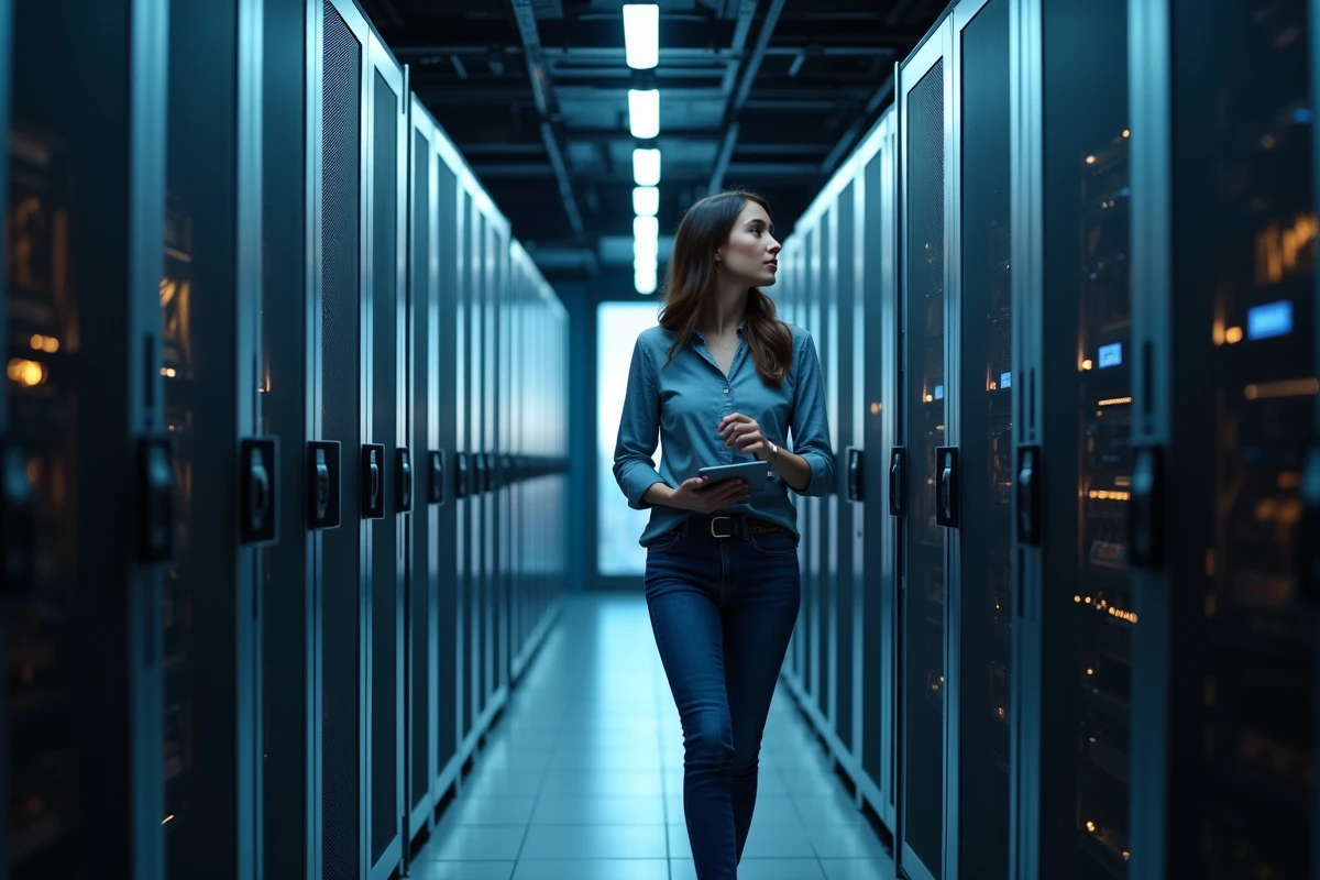 Jeune femme inspectant un panneau lumineux dans un centre de données