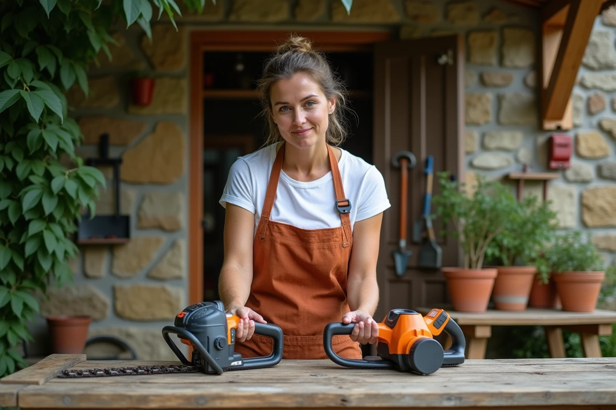 Femme comparant deux taille-haies sans fil sur un établi de jardin en bois