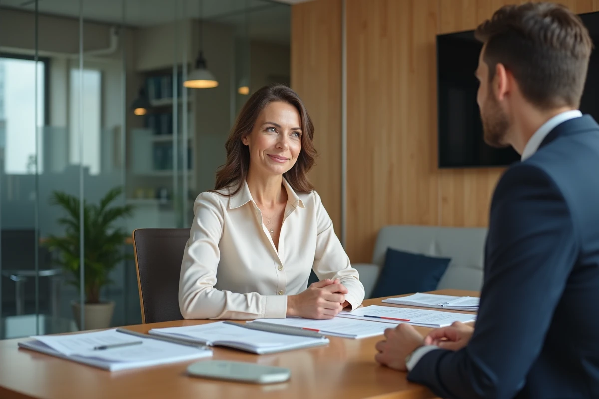 Femme en réunion dans un bureau bancaire moderne