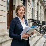 Femme tenant des documents juridiques devant un palais de justice parisien symbolisant la défense des droits fondamentaux en France