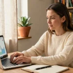 Femme consultant des ressources financières en ligne sur un ordinateur portable dans un bureau à domicile