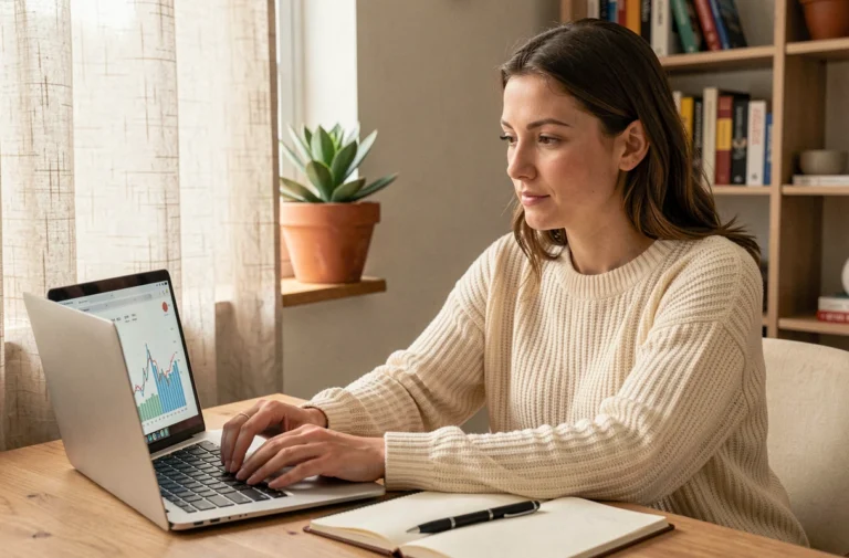 Femme consultant des ressources financières en ligne sur un ordinateur portable dans un bureau à domicile