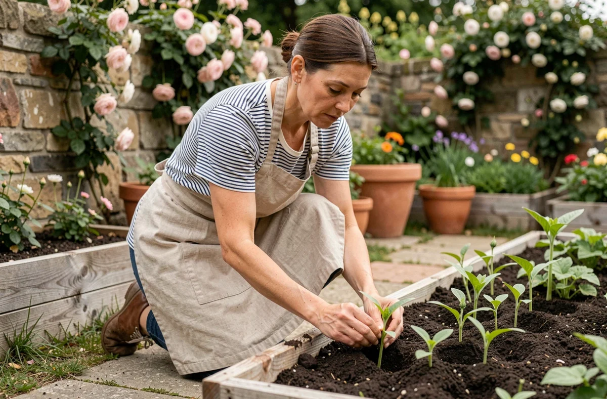 Femme jardinant et transplantant des plants dans un potager en plein air au printemps